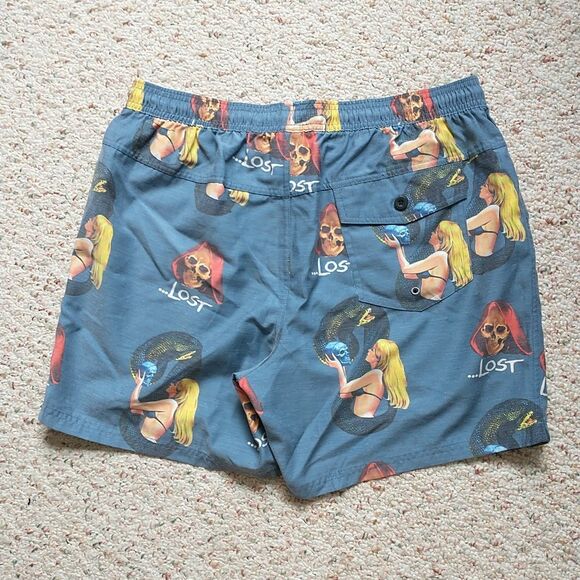 Lost Board Shorts Swim Mens L/M*Gray Skull Naked Snake Women Surf Goth - Picture 6 of 8